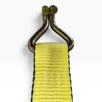 Wire hook seen straight on above the webbing end and its rows of reinforcing stitches.