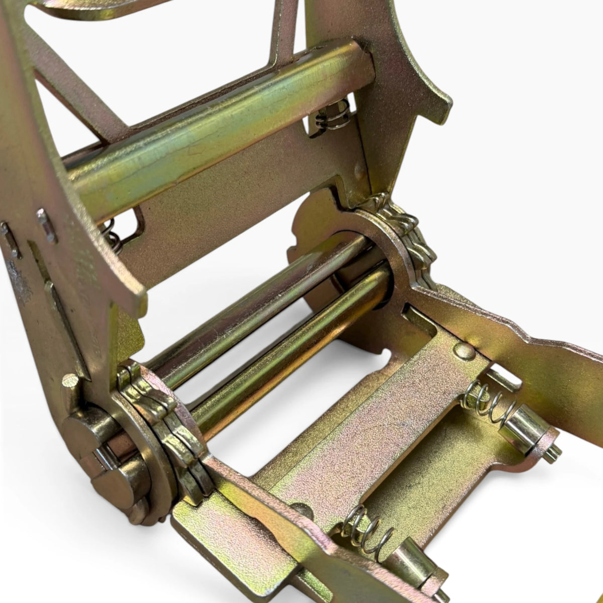 Close-up of the coiled yellow webbing printed with the Cargo Control Center lion logo