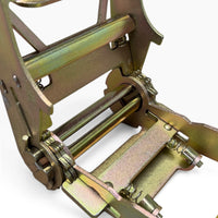 Close-up of the coiled yellow webbing printed with the Cargo Control Center lion logo