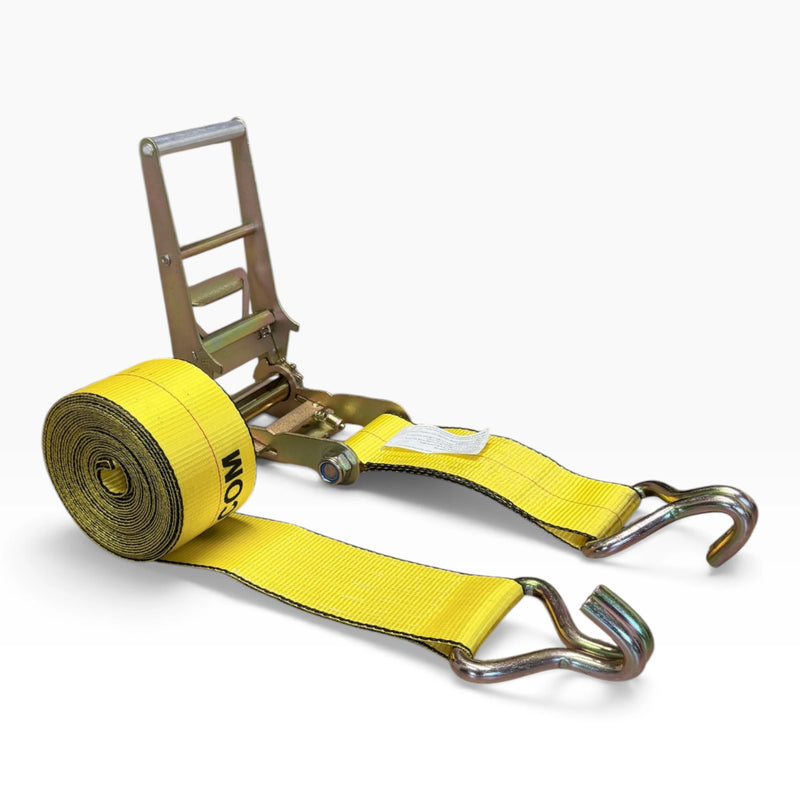 4 in x 30 ft ratchet strap coiled next to its long-handle ratchet, with wire hooks on each end
