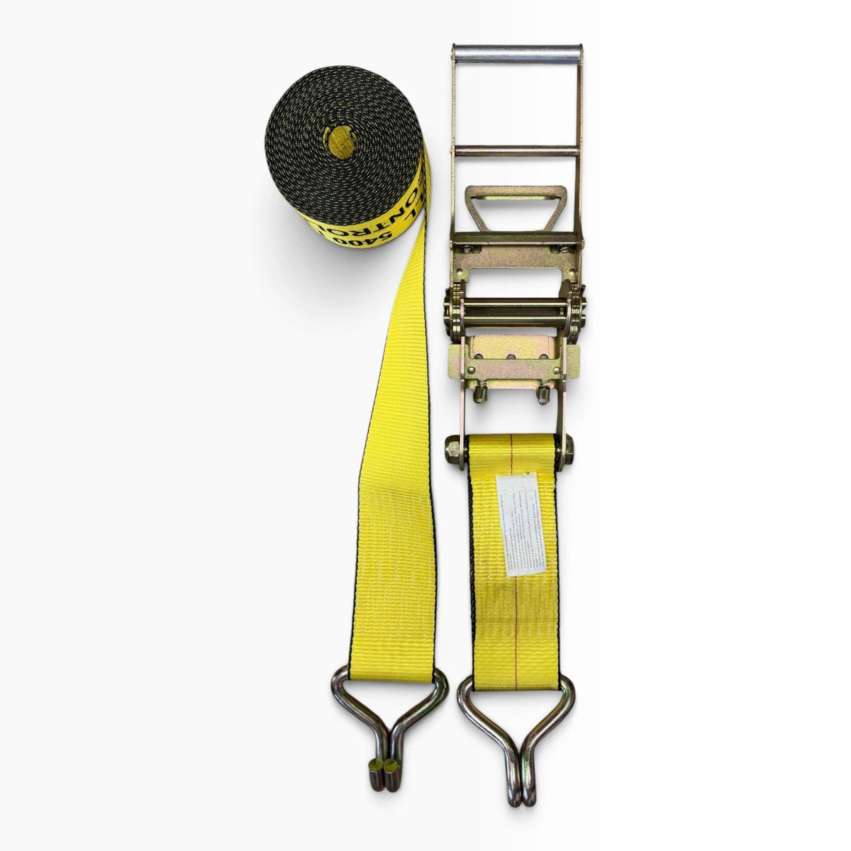 Top-down view of the 4 in ratchet strap laid flat, showing the ratchet, coiled webbing and both hooks