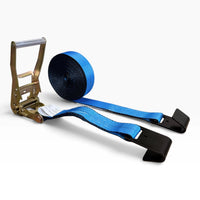 Blue ratchet strap coiled with an open ratchet and a black flat hook on each end.