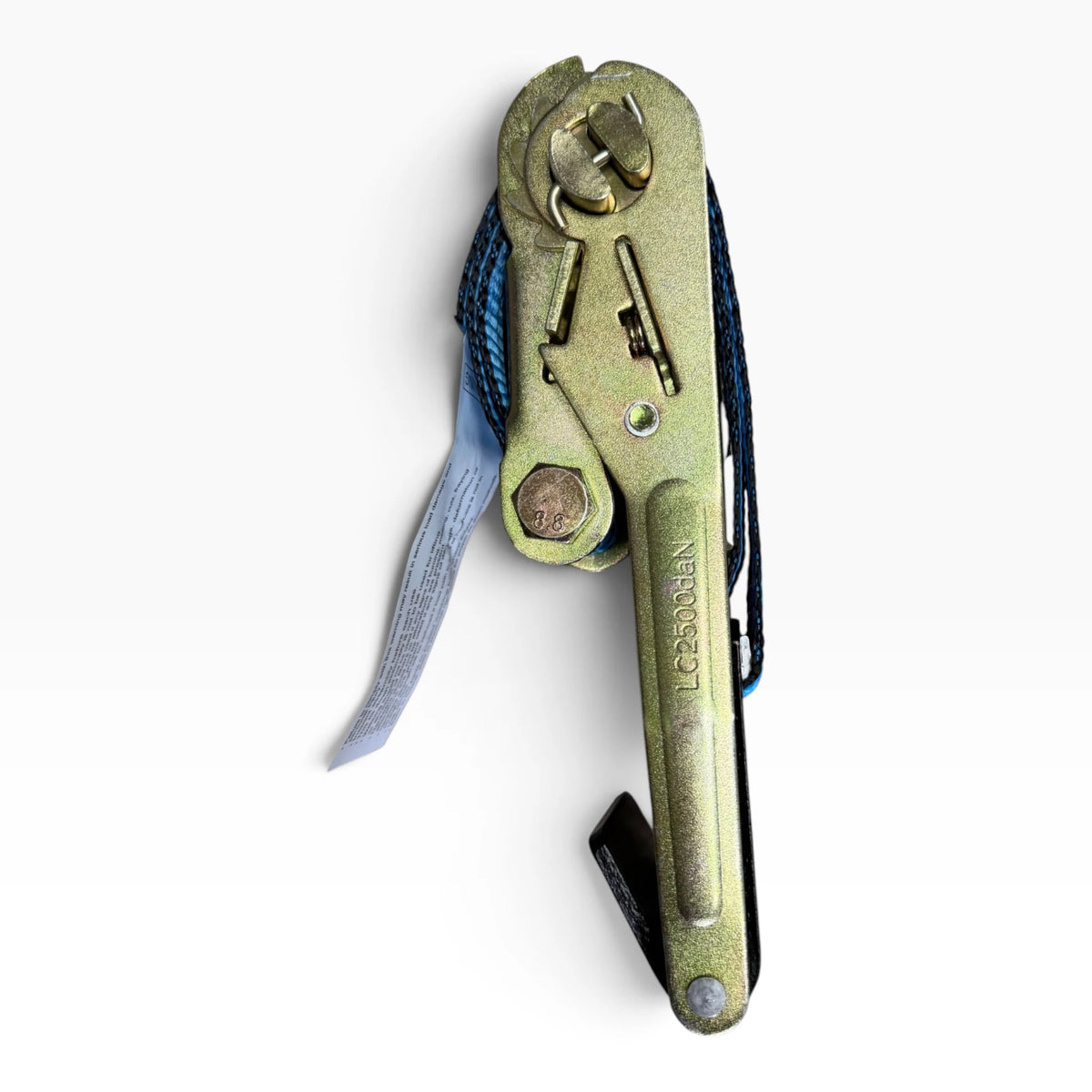 Side view of the closed ratchet, handle stamped LC2500daN, with the warning tag attached.