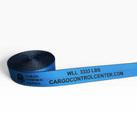 Partly unrolled blue webbing printed WLL 3333 LBS and cargocontrolcenter.com along its length.