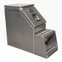 12in aluminum saddle tool box, closed, showing the punched tread lid and both steps