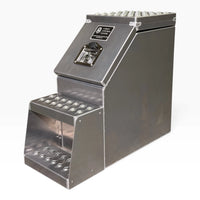 12in saddle tool box from the front right, two punched tread steps below the door