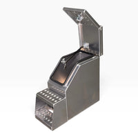 12in saddle tool box open, keys in the lock, showing the full width of the opening
