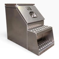 15in aluminum saddle tool box, closed, showing the punched tread lid and both steps