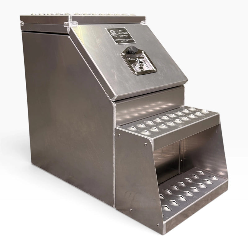 15in aluminum saddle tool box, closed, showing the punched tread lid and both steps