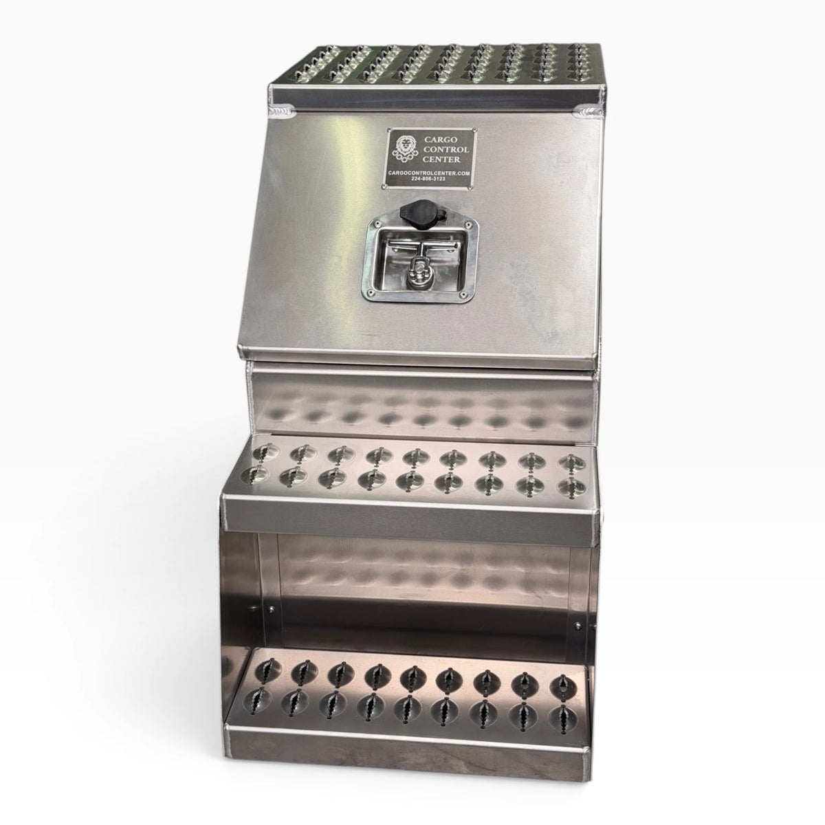 15in saddle tool box from the front, brand plate and recessed T-handle latch