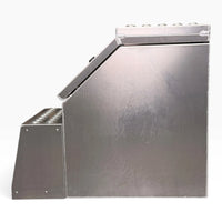 Side profile of the 15in saddle tool box, sloped lid and the bracket carrying the step