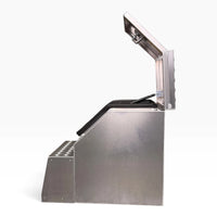 15in saddle tool box from the side, lid open on its gas strut