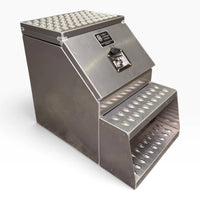 18in aluminum saddle tool box, closed, showing the punched tread lid and both steps
