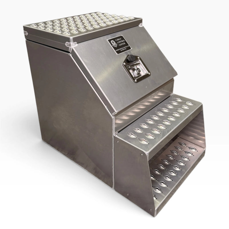 18in aluminum saddle tool box, closed, showing the punched tread lid and both steps