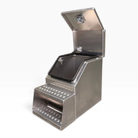 18in saddle tool box open with keys in the lock, both steps below
