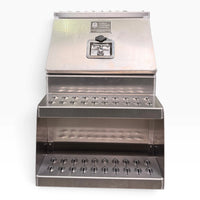 Front of the 18in saddle tool box, brand plate and recessed T-handle latch