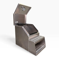 18in saddle tool box with the lid fully open, showing the wide opening