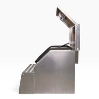 18in saddle tool box from the side, lid open on its gas strut