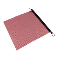 Red mesh safety flag on a black bungee-style rod with a hook at each end