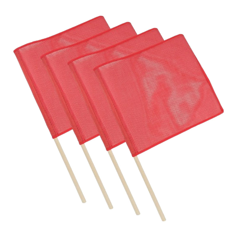 Four red mesh safety flags on wood dowels, fanned out to show the dowel mount