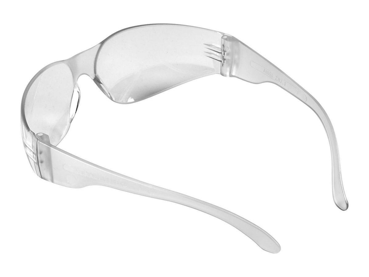 Clear anti-scratch safety glasses shown at an angle with ANSI Z87.1 stamped on the temple arm