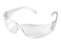 Clear anti-scratch safety glasses shown at an angle with ANSI Z87.1 stamped on the temple arm