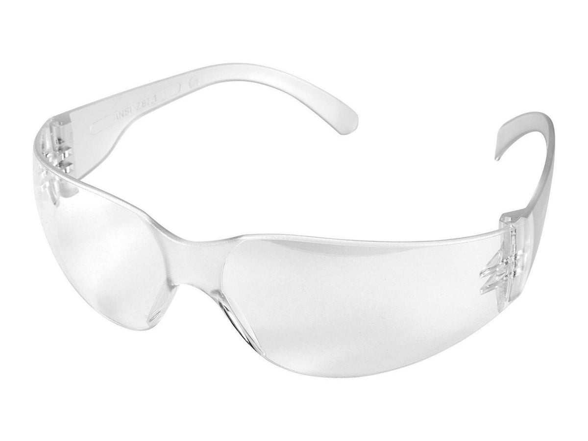 Clear anti-scratch safety glasses shown at an angle with ANSI Z87.1 stamped on the temple arm