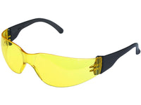 Yellow-tinted anti-scratch safety glasses with black temple arms shown at an angle