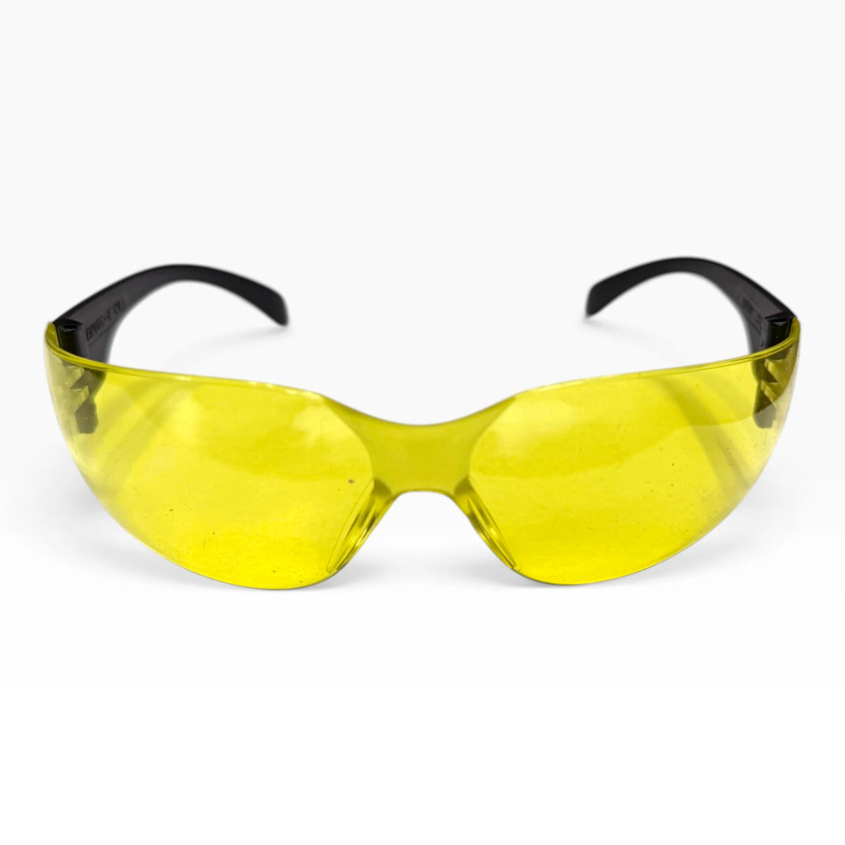 Front view of yellow-lens safety glasses with black temple arms spread to the sides.