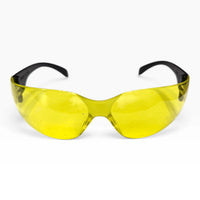 Front view of yellow-lens safety glasses with black temple arms spread to the sides.