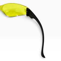 Close-up of the hinge on the yellow-lens safety glasses, with EN166-F CE molded into the black temple arm.
