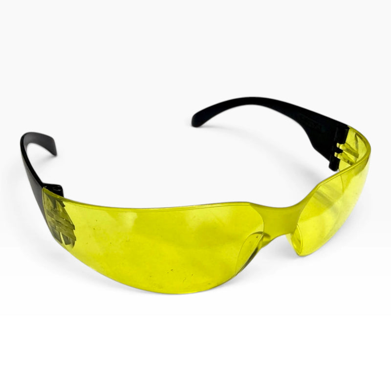 Yellow-lens safety glasses with black temples, shown at an angle with both arms open.
