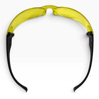 Yellow-lens safety glasses seen from above, nose pads at the center and both black temple arms stretched back.