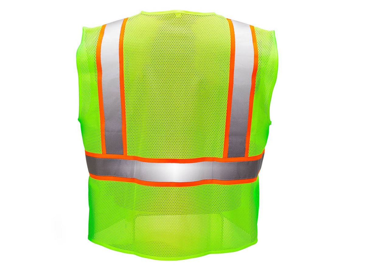 Fluorescent yellow safety vest with silver reflective stripes and orange trim, zippered front