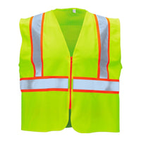 Fluorescent yellow safety vest with silver reflective stripes and orange trim, zippered front