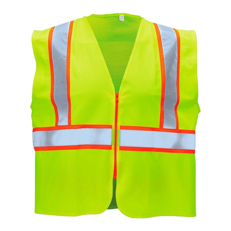Fluorescent yellow safety vest with silver reflective stripes and orange trim, zippered front