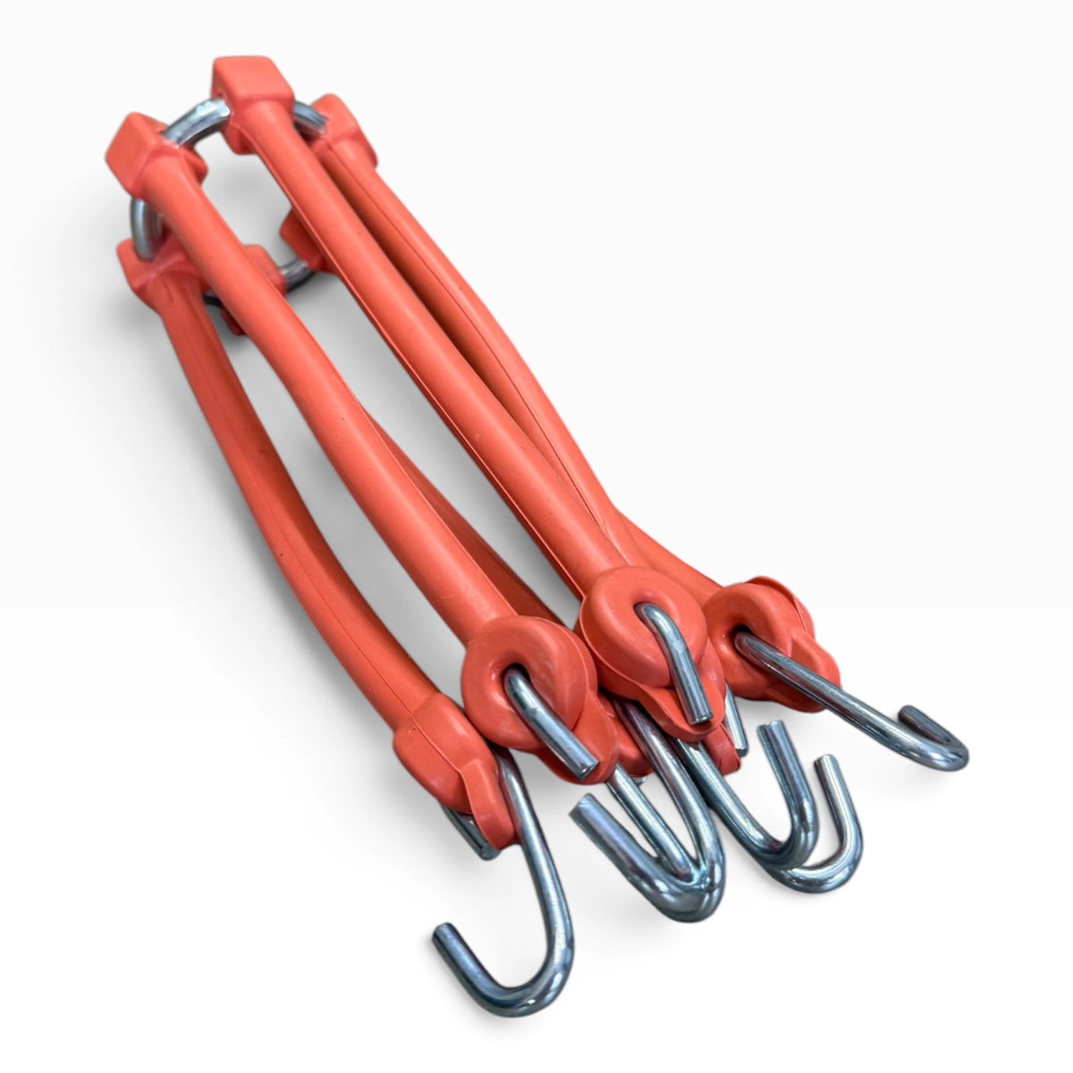 Spider bungee folded up, showing its six steel hooks