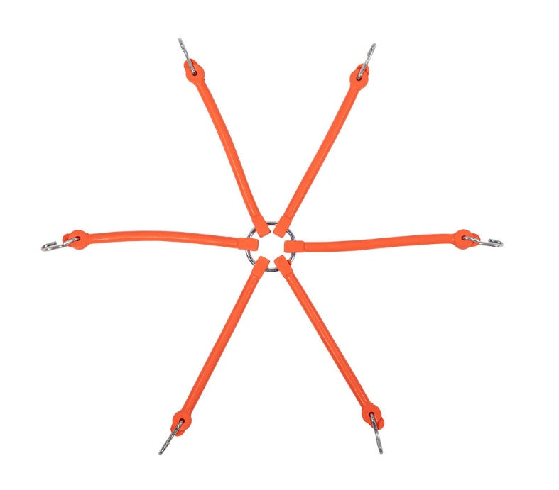 Orange 6-arm rubber spider bungee cord laid out flat in a star shape with a hook on each end