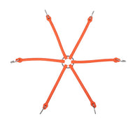 Orange 6-arm rubber spider bungee cord laid out flat in a star shape with a hook on each end