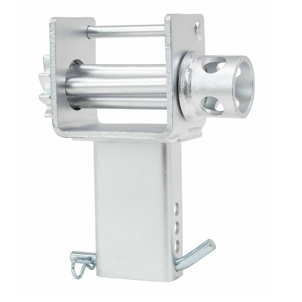 Zinc-plated stake pocket winch with its gear, crank socket and sliding mount bracket, angled view