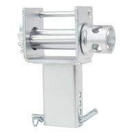 Zinc-plated stake pocket winch with its gear, crank socket and sliding mount bracket, angled view