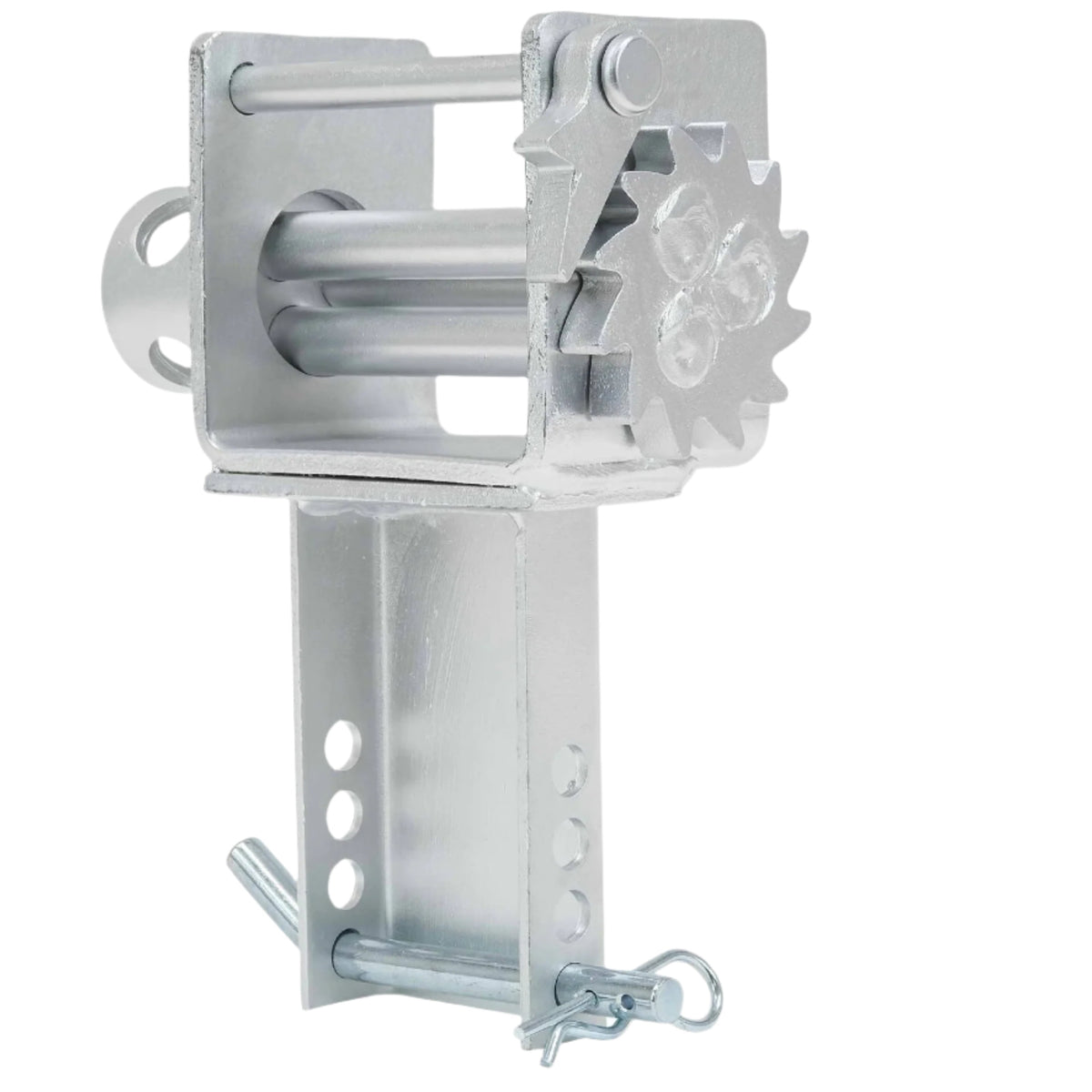 Zinc-plated stake pocket winch with its gear, crank socket and sliding mount bracket, angled view
