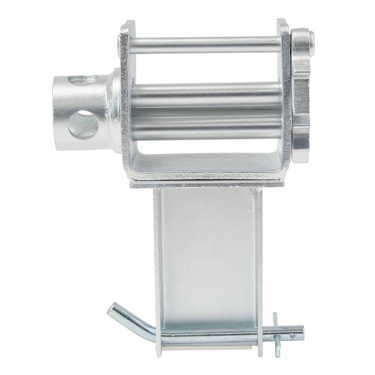 Stake pocket winch viewed from the crank-socket side, showing the mounting bracket and pin