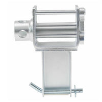 Stake pocket winch viewed from the crank-socket side, showing the mounting bracket and pin