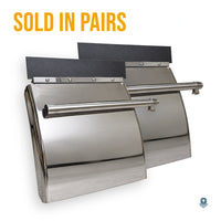Pair of mirror-polished stainless quarter fenders, each with its top strip and mounting tube, under the words Sold in pairs
