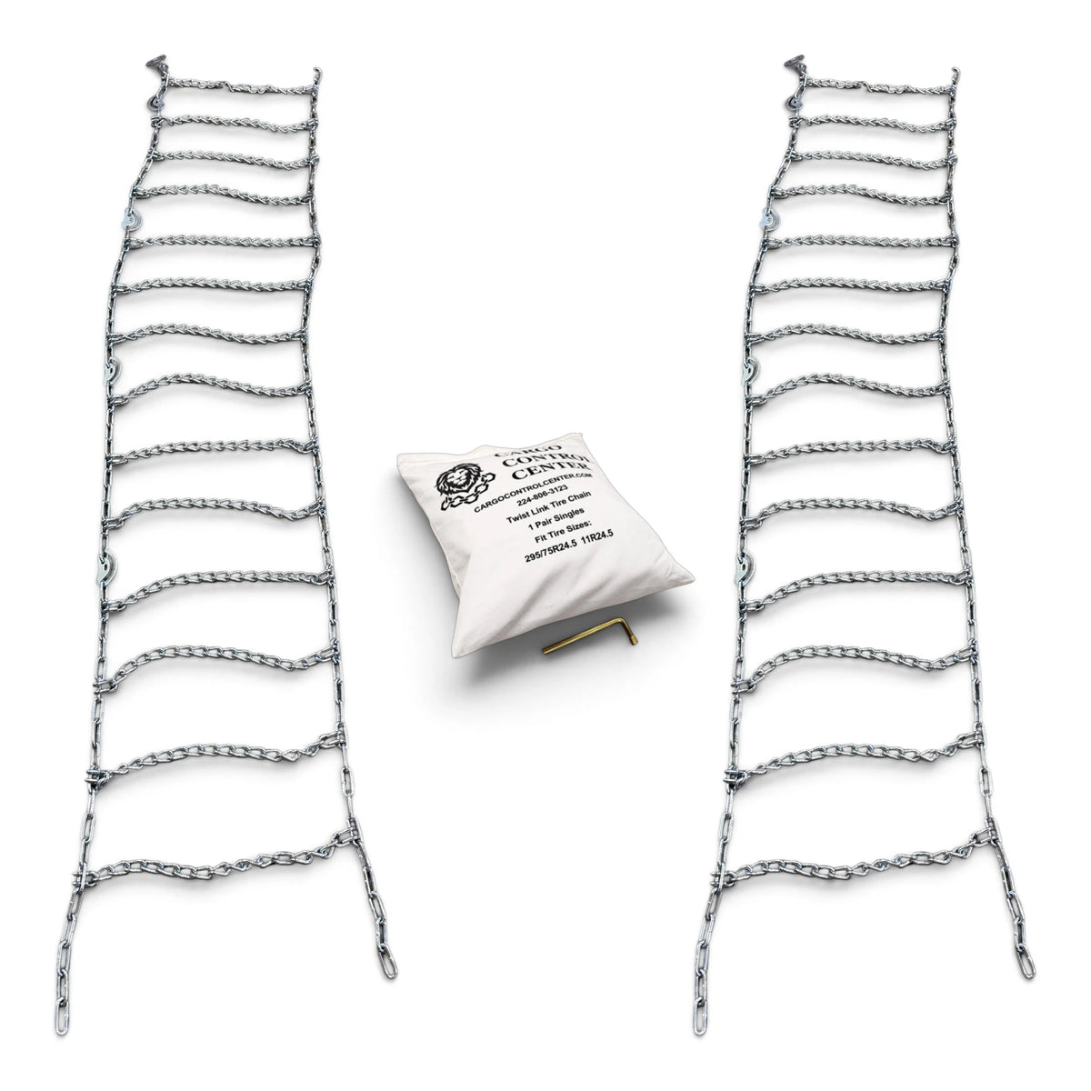 Two twist link single tire chains for 24.5 inch tires laid out flat, with the storage bag and cam tool