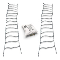 Two twist link single tire chains for 24.5 inch tires laid out flat, with the storage bag and cam tool
