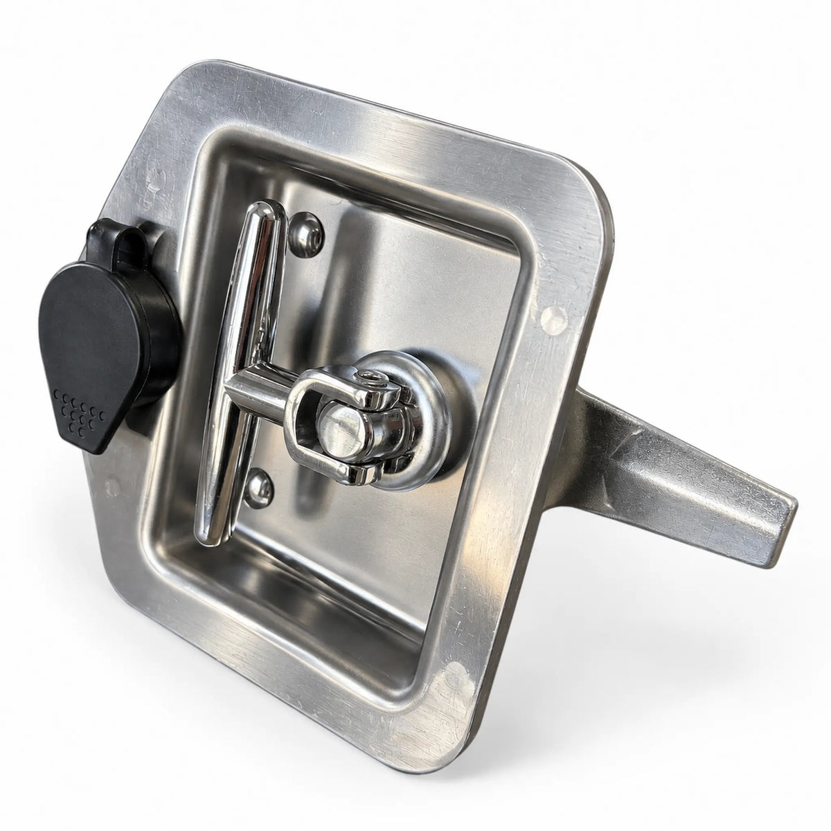 T-handle lock at an angle from the front, the flat latch tongue showing behind the dish