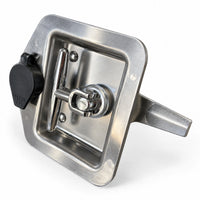 T-handle lock at an angle from the front, the flat latch tongue showing behind the dish