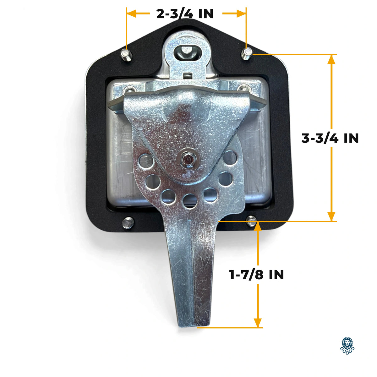 Back of the T-handle lock with measurements marked: studs 2-3/4 in by 3-3/4 in apart, latch stem 1-7/8 in long